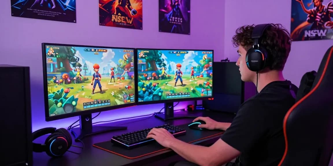 Engaging gamer playing an nsfw game at a modern desk with vibrant visuals.