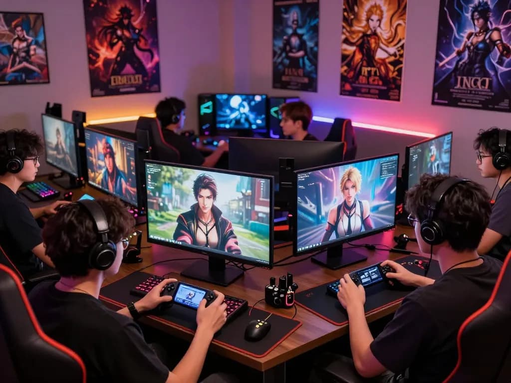 Players play porn games in a lively gaming area with vibrant screens and accessories.