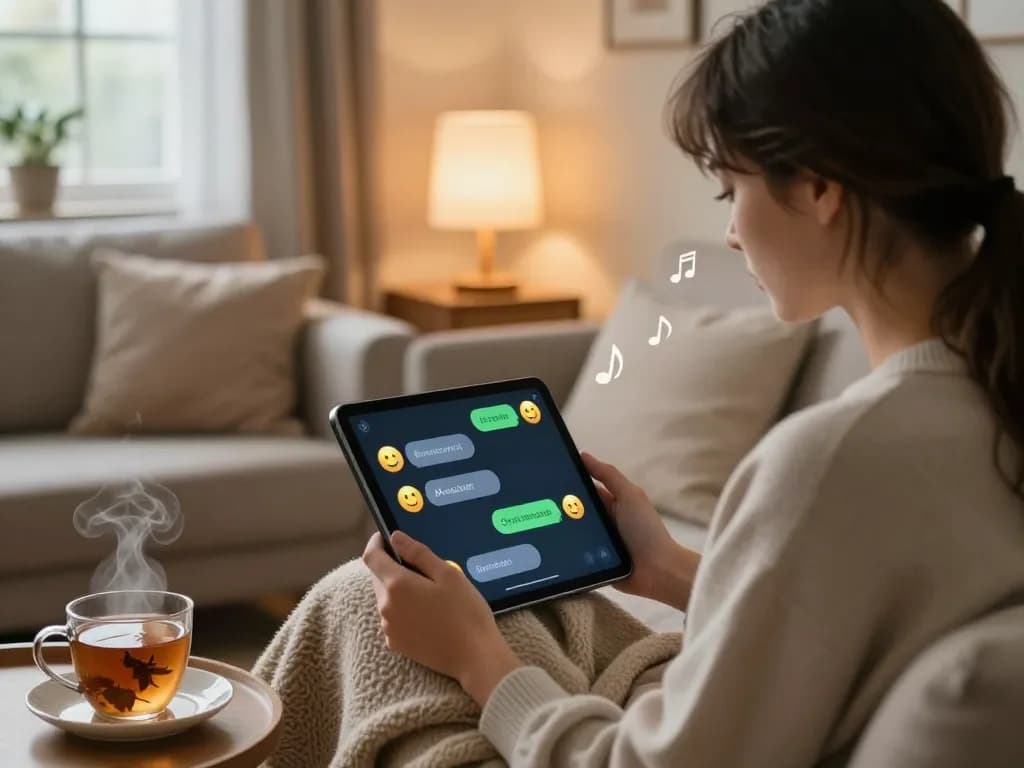 Person engaging in ai sex chat on a tablet in a cozy living room.