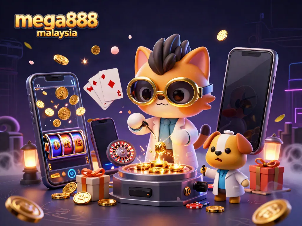 Experience mega888 Malaysia through a vibrant casino scene, with animated characters creating excitement and gold coins.