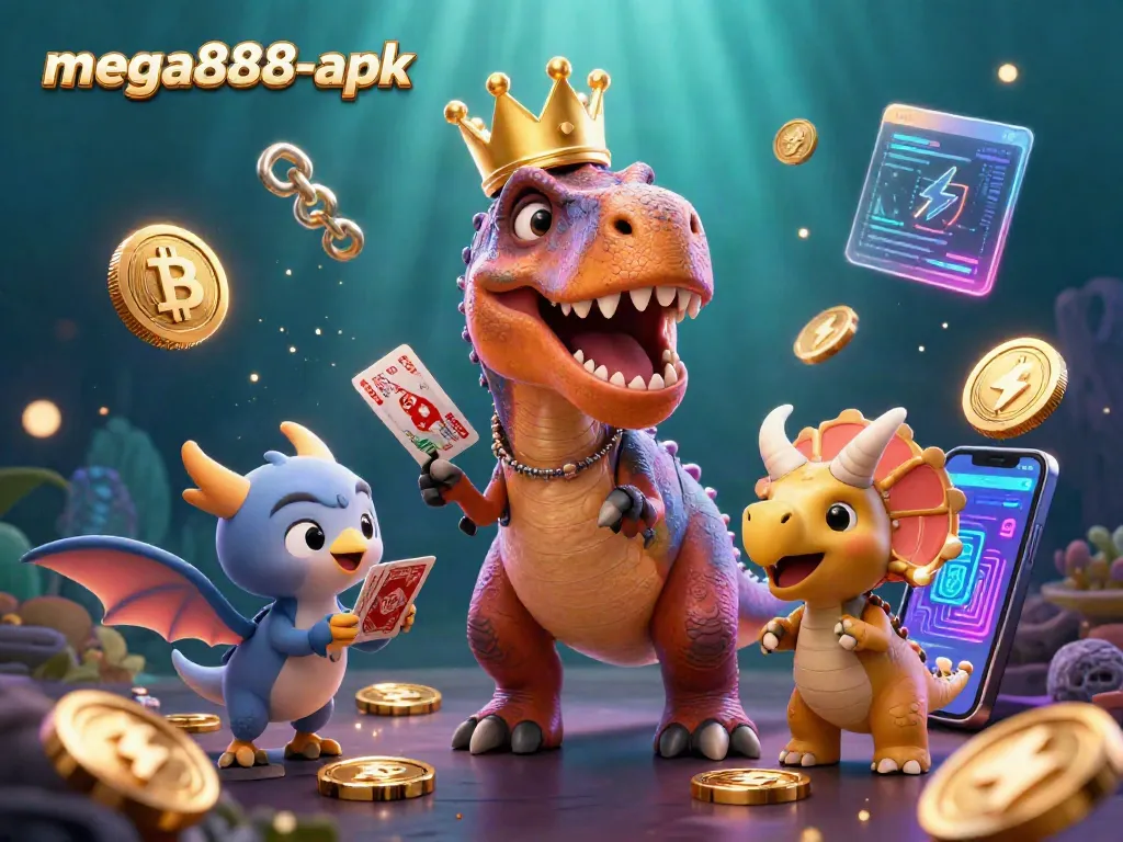 Play exciting games with mega888-apk as a T-Rex shuffles cards while vibrant crypto elements enhance the action.