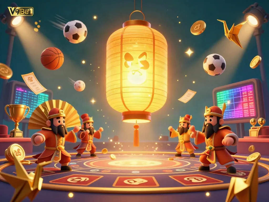 Experience the thrill of V9Bet with a dynamic casino scene featuring sports balls, golden elements, and a vibrant atmosphere.