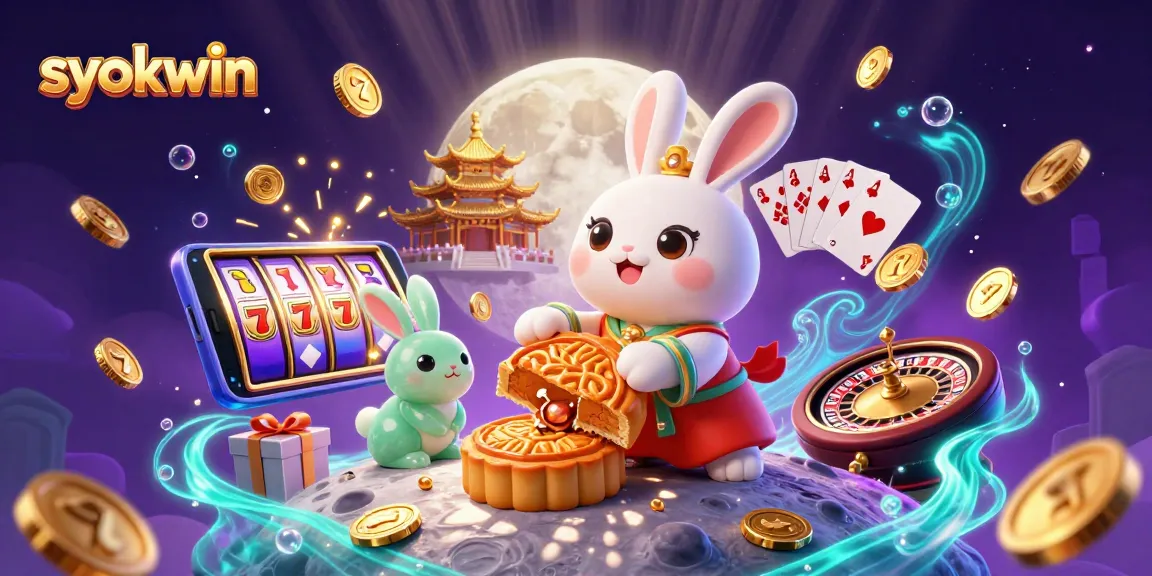 Engage with syokwin's captivating casino scene featuring a moon rabbit themed illustration, poker chips, and glowing slot games.