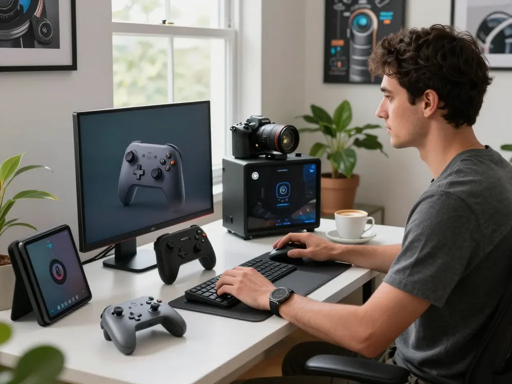 Explore cool tech gadgets under $151 while enjoying a modern home office setup with innovative Bluetooth devices.