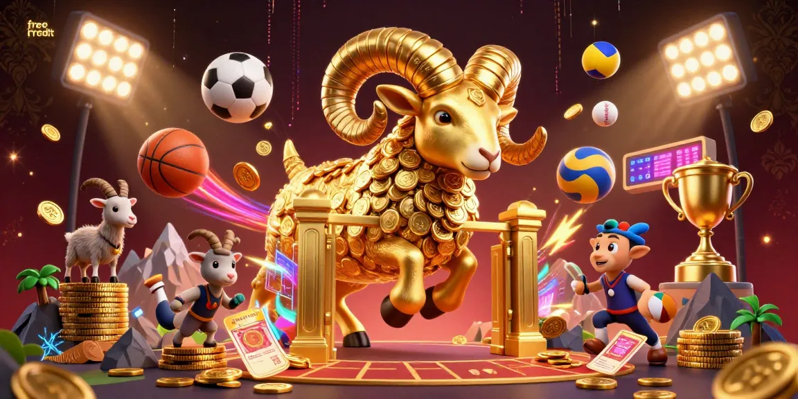 Experience free credit with a powerful golden ram charging amid vibrant sports elements at an online casino.