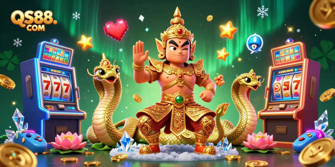 Spin and win at QS88. COM with animated slot machines and golden guardians in a vibrant casino scene.