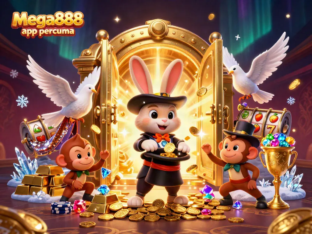 Experience the magic of the mega888 app percuma with a whimsical scene of a magician rabbit, glamorous dove, and playful monkey amidst casino treasures.