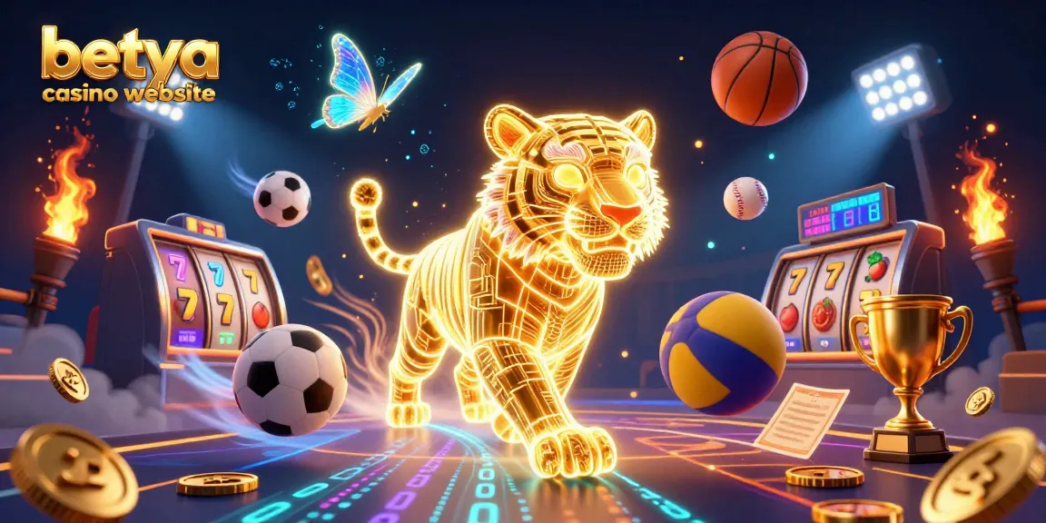 Betya casino website illustration featuring a neon tiger in a vibrant digital casino scene.