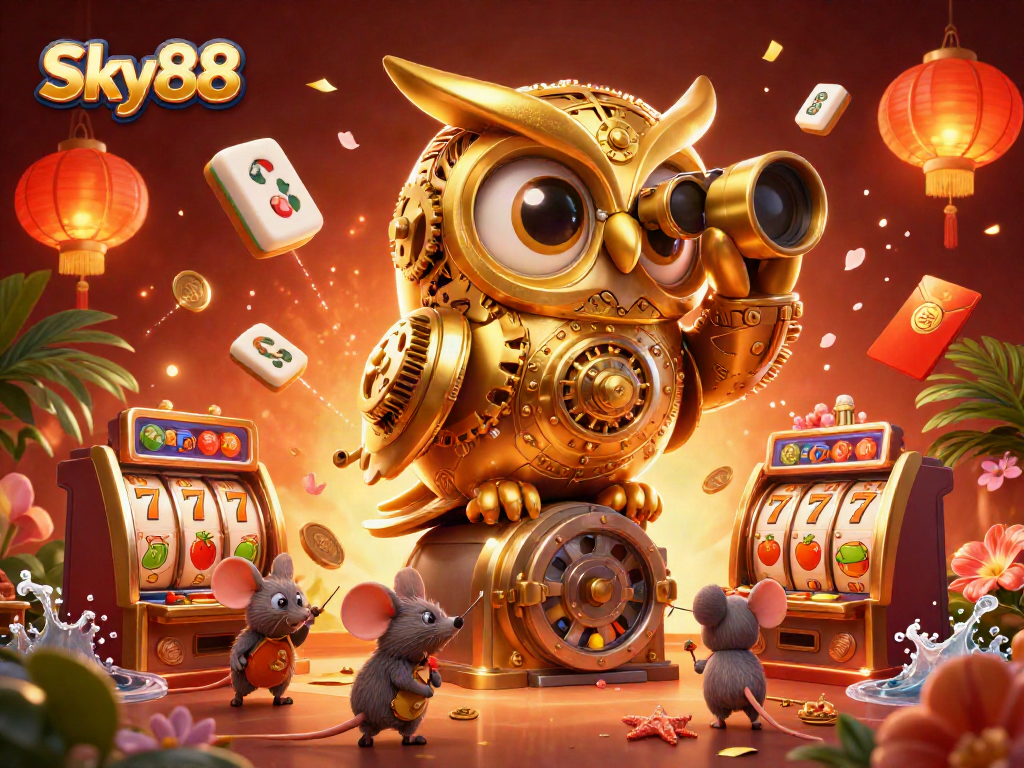 Sky88 Casino showcases a grand scene with a golden owl, lively slot machines, and joyful patrons.
