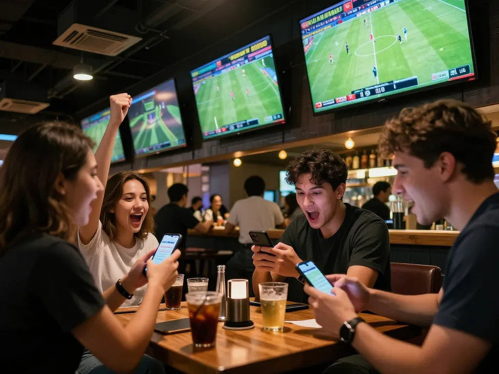 Engaged sports bettors checking keo nha cai odds on smartphones in a lively environment