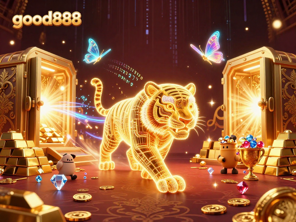 Experience thrilling gaming at good888 with a neon tiger in a digital casino, surrounded by treasure.