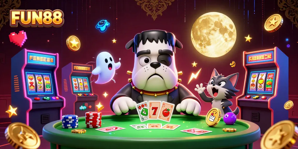 Win big with FUN88 at a vibrant casino scene full of colorful characters and slot games!