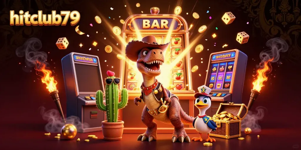 Experience gambling thrills at hitclub79 with a vibrant 3D casino scene, featuring a jackpot explosion and playful characters.