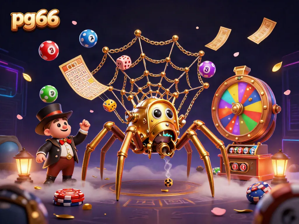 Engage with pg66's thrilling gaming experience, featuring dynamic lottery elements amidst a vibrant casino scene.
