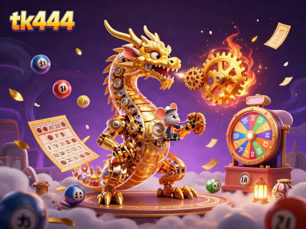 Experience the excitement at tk444 with a vibrant 3D scene featuring a golden dragon and lottery elements.