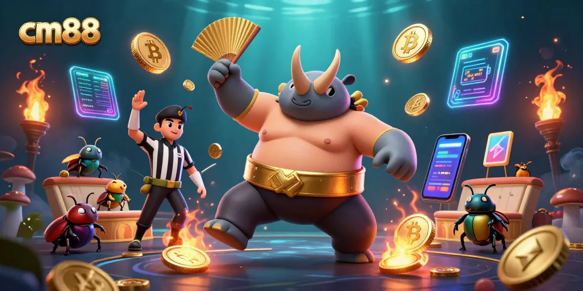 cm88 features a vibrant scene with a sumo beetle champion and crypto coins swirling around.