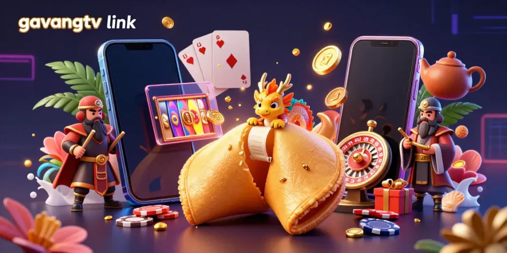 Engage with the dynamic scene of a fortune cookie revealing a golden insight amidst gambling elements, highlighting the gavangtv link.