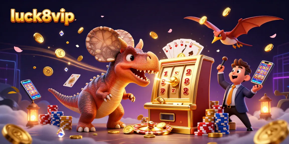 Experience jackpots at luck8vip with thrilling scenes of cartoon dinosaurs in a vibrant casino setting.