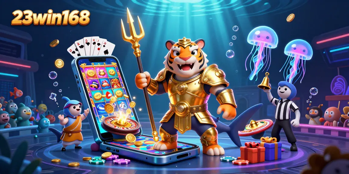 Experience thrilling gameplay with 23win168 in a vibrant underwater casino scene.