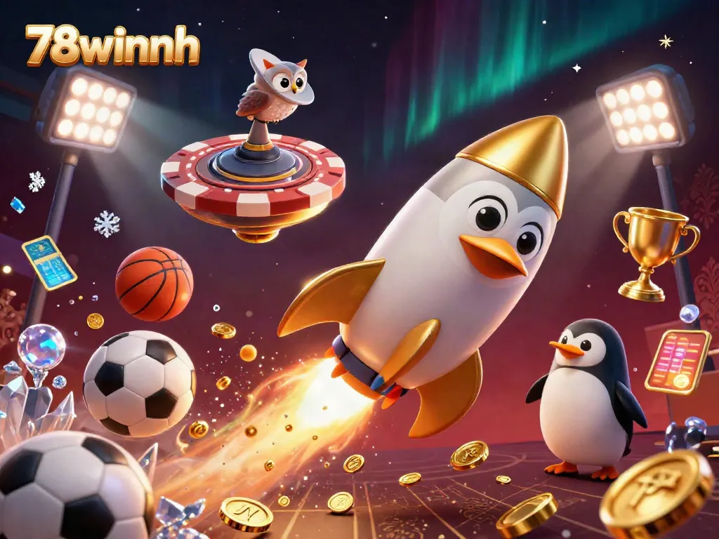 Experience exhilarating gameplay at 78winnh with a vibrant cartoon scene of a golden penguin on a cosmic adventure.