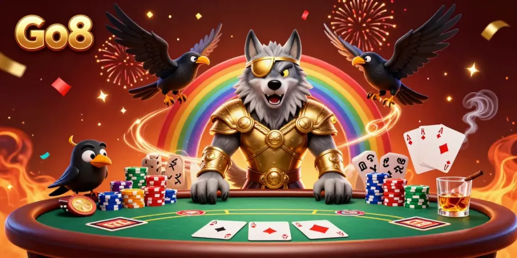 Engage with the Go8 theme featuring a Norse-inspired wolf surrounded by vibrant poker elements in a dynamic casino scene.