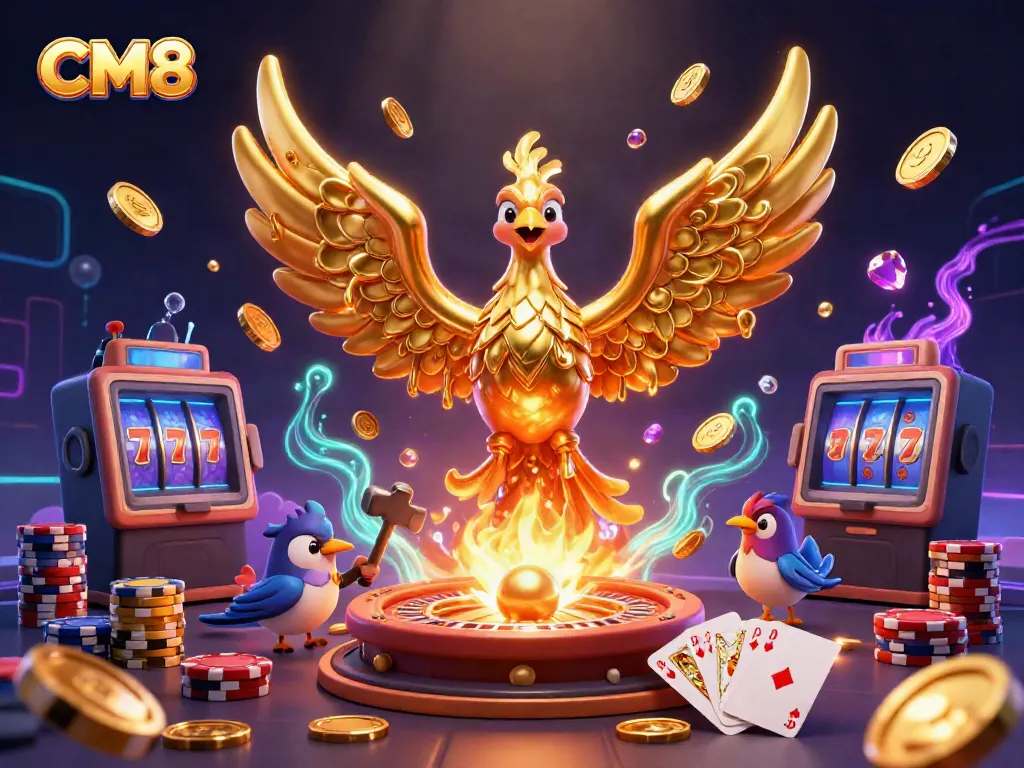 Experience the thrill of CM8 with a molten golden phoenix amidst cascading coins and vibrant casino elements.