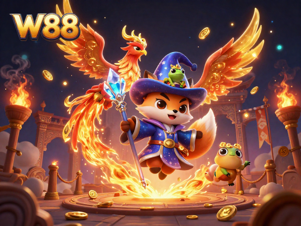 Experience enchanting W88 gameplay with a wizard, phoenix, and vibrant casino elements.