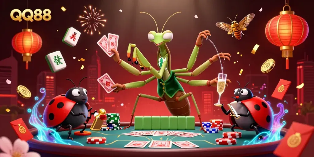 Engage with QQ88's thrilling betting world through a vibrant 3D illustration showcasing unique casino characters and elements.