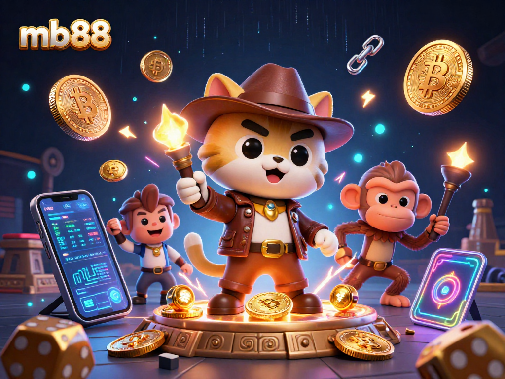 Explore mb88's vibrant casino world with a cartoon archaeologist cat uncovering treasures.