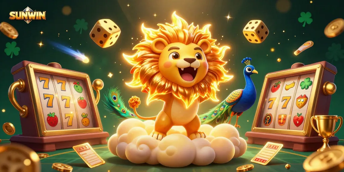 SUNWIN illuminates with vibrant slot reels and a roaring lion, embodying thrilling casino action.