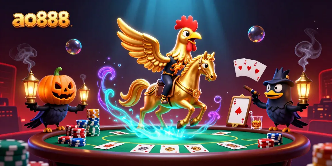 Experience ao888's thrilling casino atmosphere with a golden rooster riding through a vibrant midnight scene.