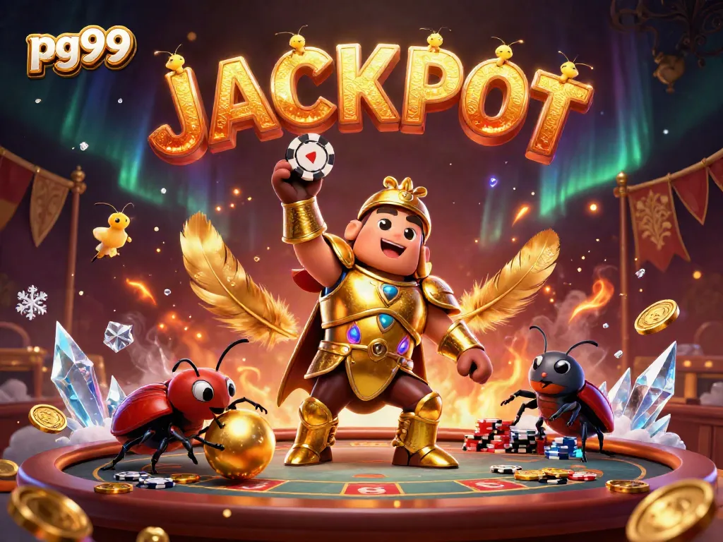 Experience the thrill of pg99 with cartoon beetles celebrating a jackpot at the poker table.