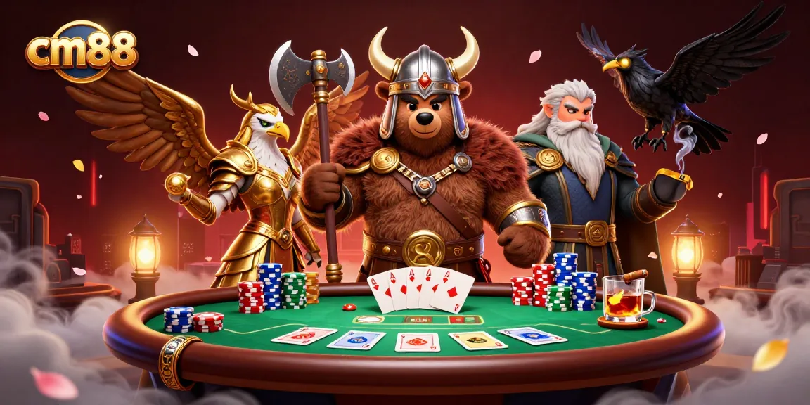 Experience thrilling betting at cm88 with a Viking berserker, Valkyrie eagle, and poker elements!