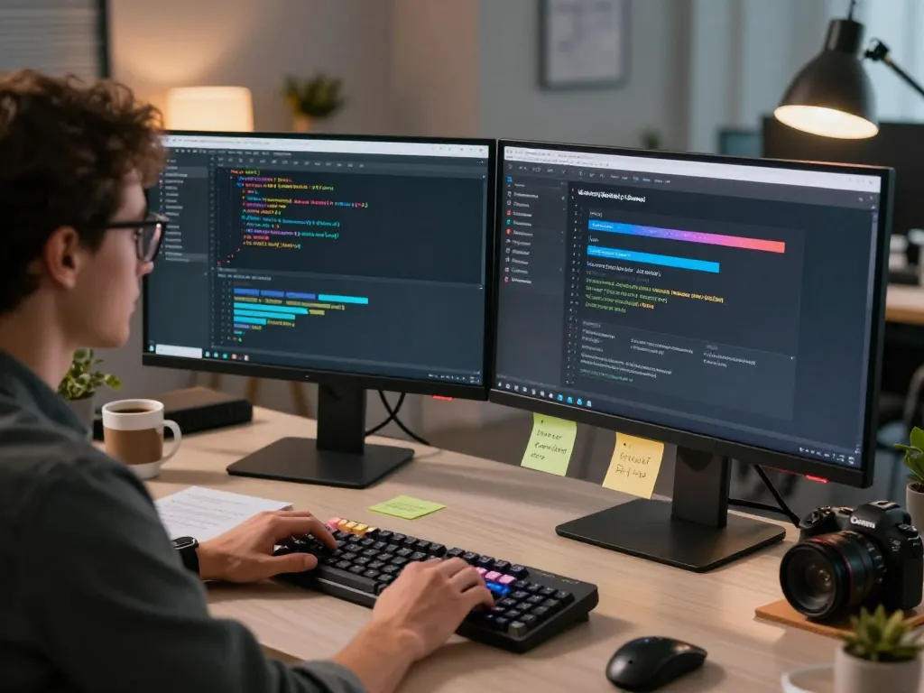 Clawd bot assisting a developer on dual monitors in a modern workspace.