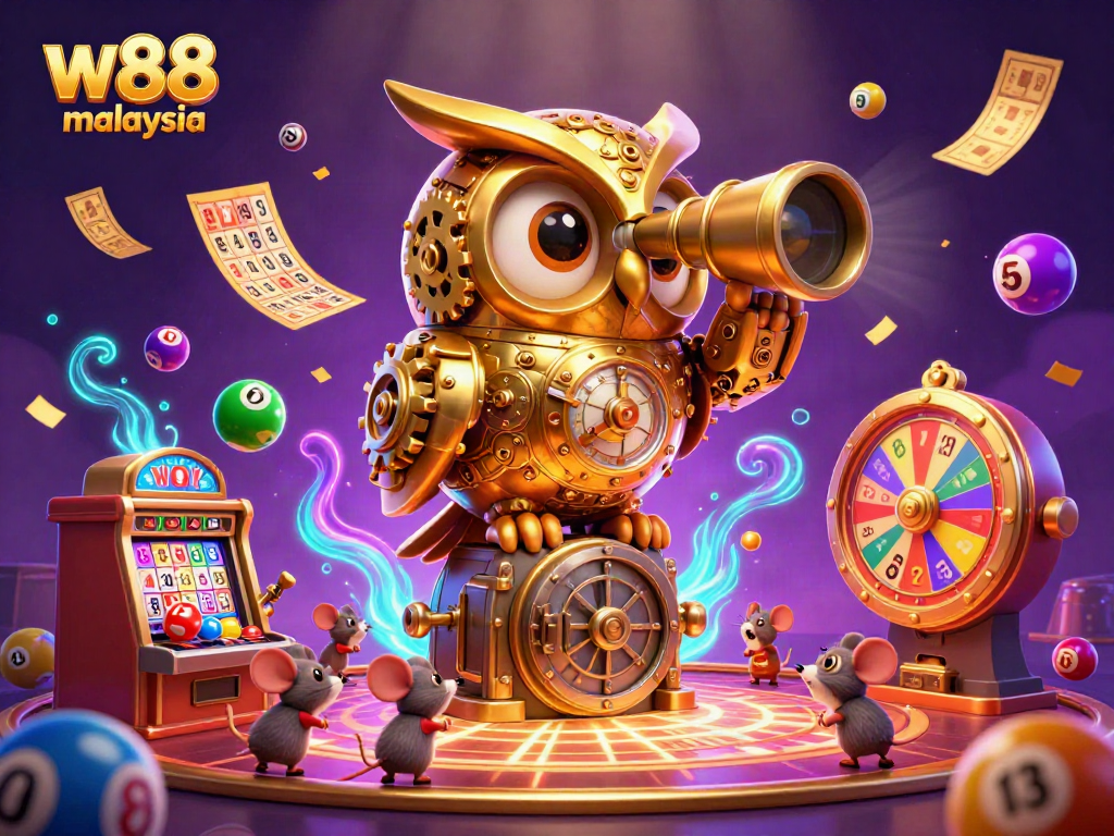 W88 Malaysia thrilling casino scene with an animated owl and playful mice amidst lottery elements.