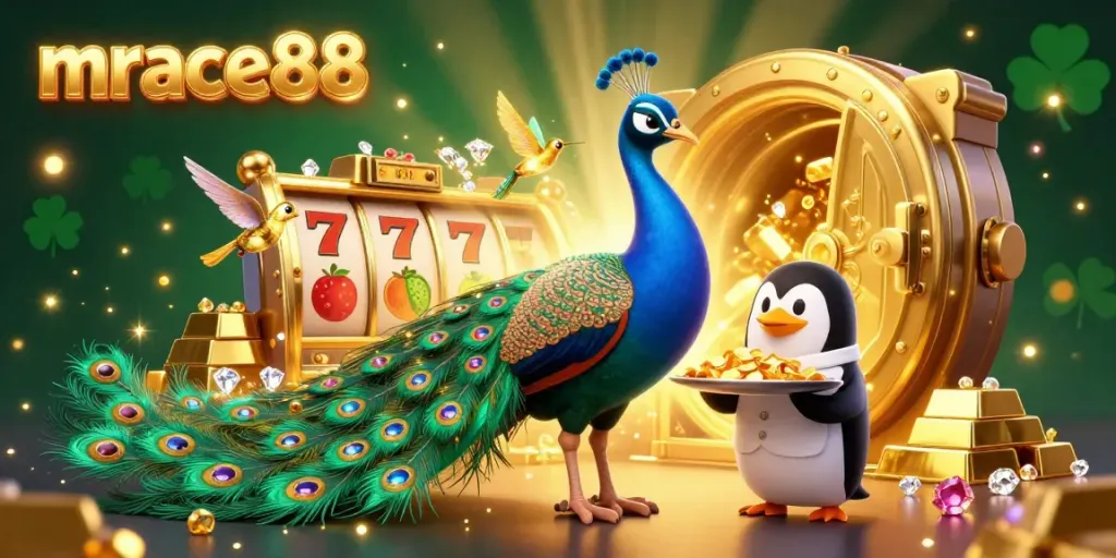 Engage with thrilling slots at mrace88 featuring a colorful 3D scene of casino elements and characters.