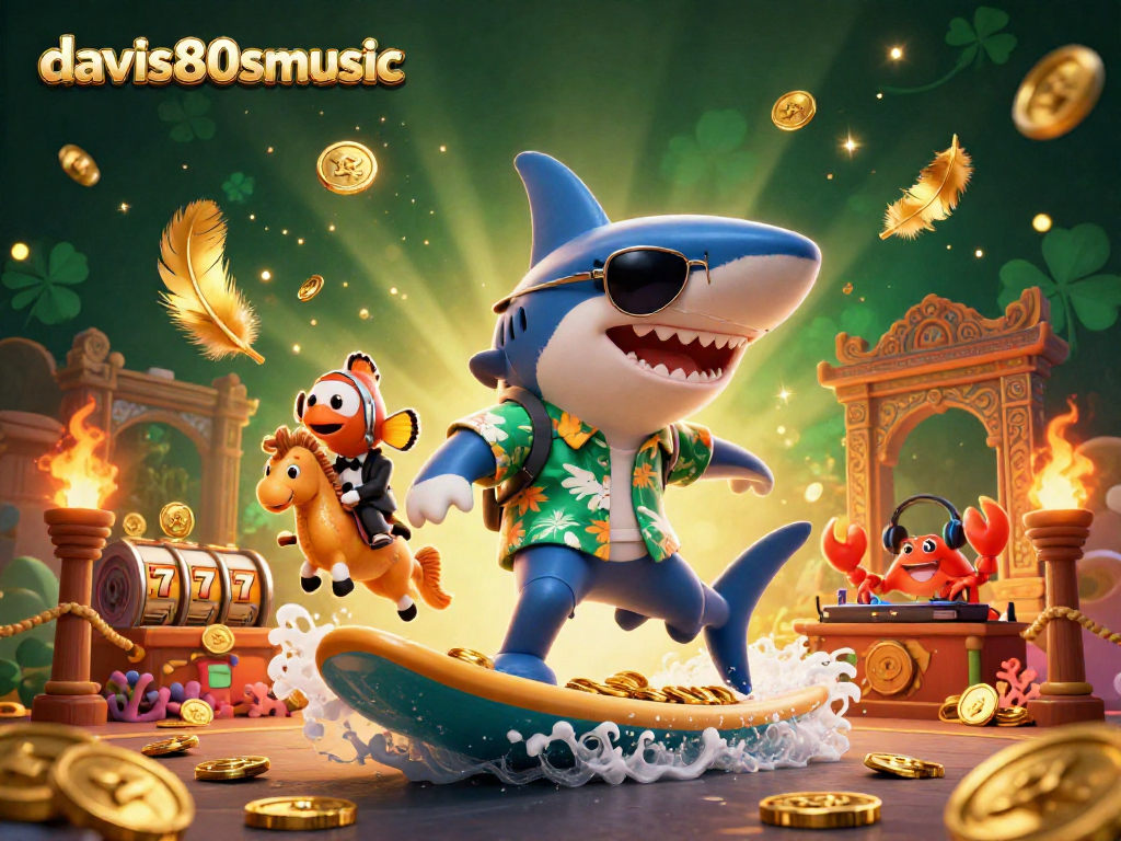 Experience excitement with davis80smusic as a shark surfs gold coins while enjoying slots and betting.