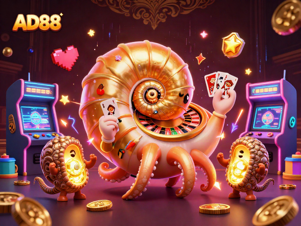 Experience the thrill of AD88 with a vibrant 3D casino scene featuring a nautilus roulette wheel.