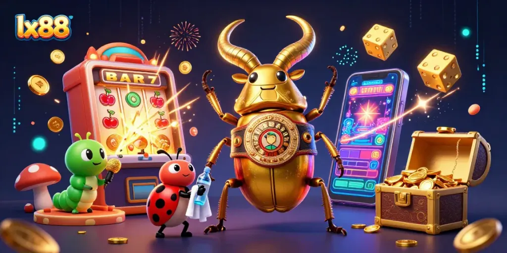 lx88 themed slot machine illustration with vibrant characters and casino elements.