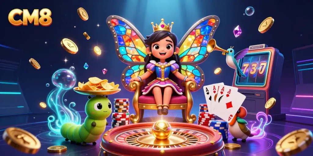 Engage in thrilling gaming experiences at CM8, featuring a vibrant scene with a butterfly queen and dazzling casino elements.