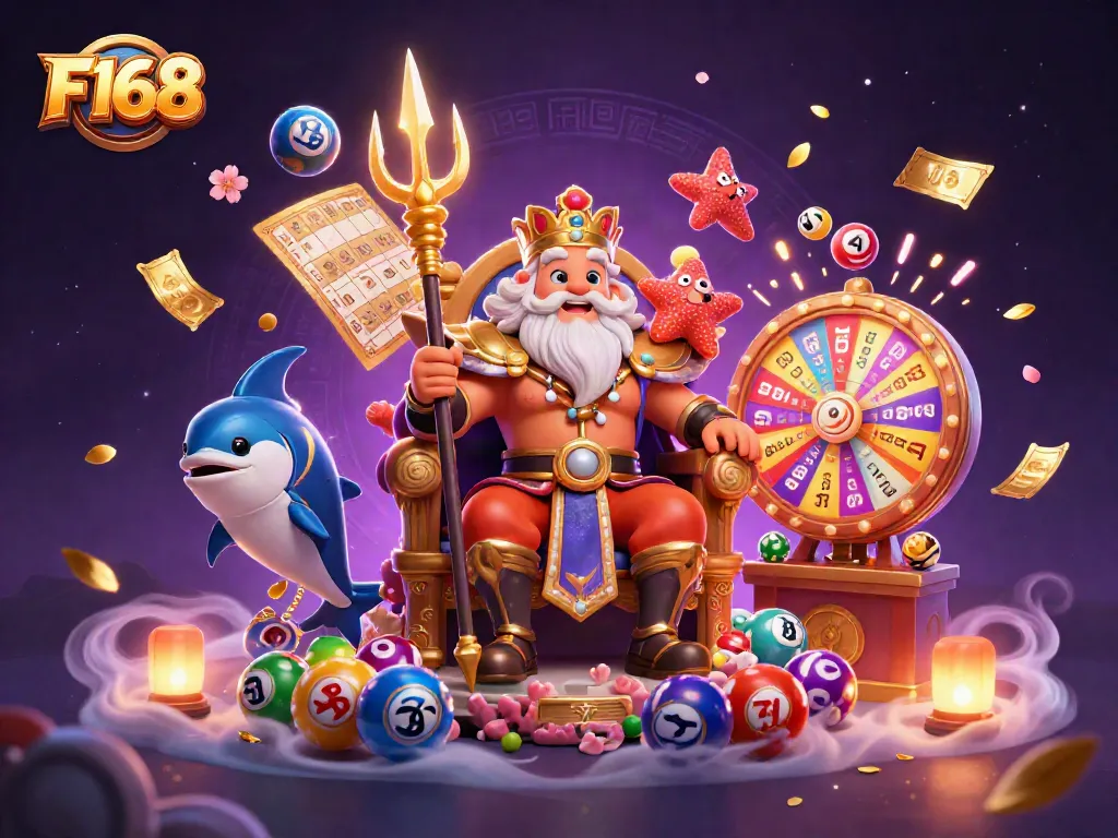 Engage in thrilling F168 casino adventures with vibrant lottery elements and a majestic sea king.