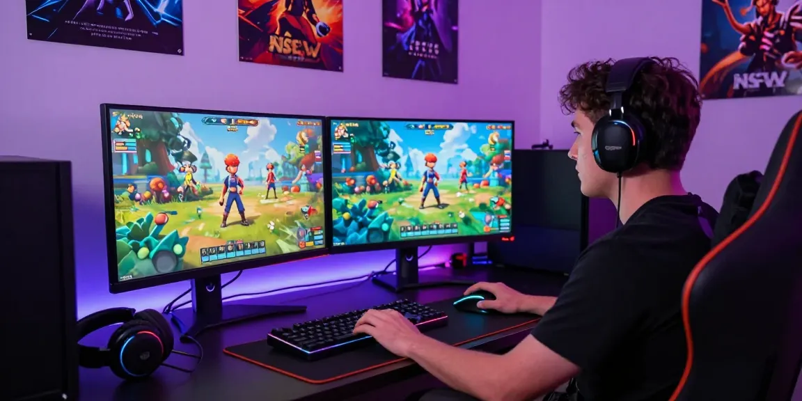 Engaging gamer playing an nsfw game at a modern desk with vibrant visuals.