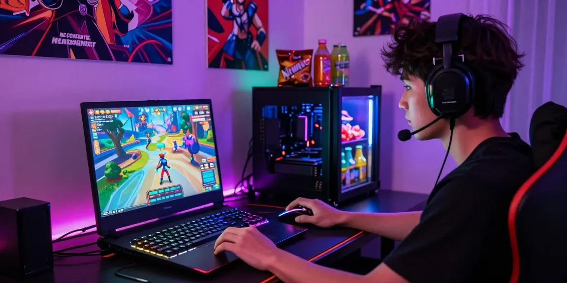 Engaged gamer playing a hentaigame on a gaming laptop in a colorful gaming room with LED lights.