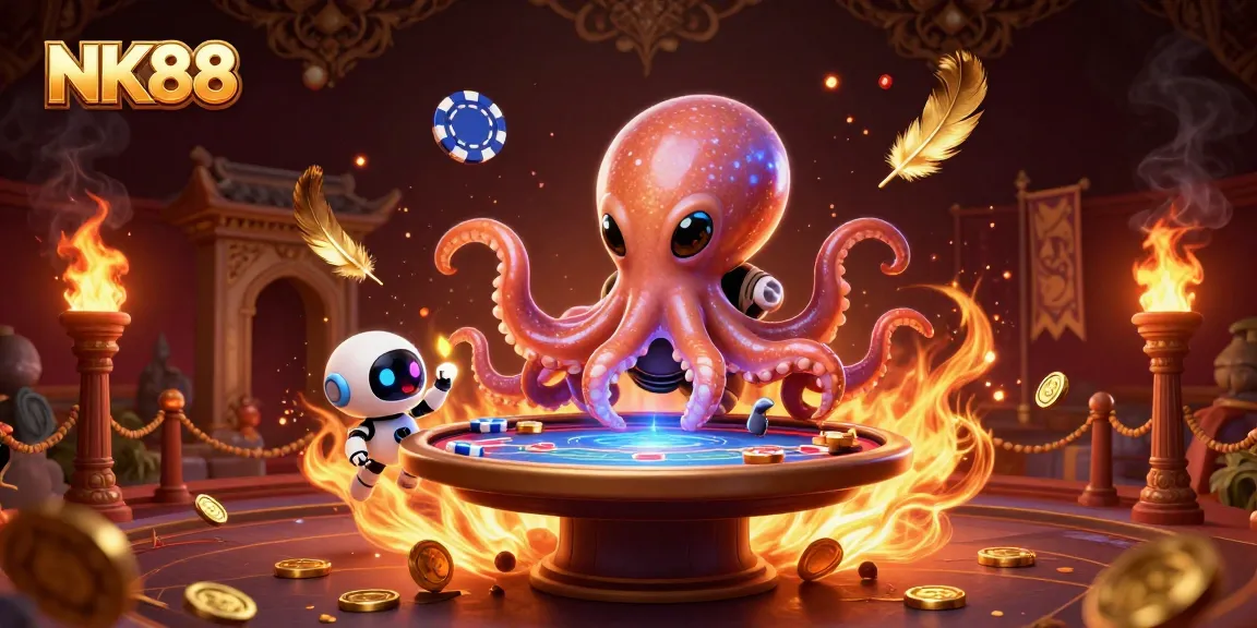 Engage in thrilling games at NK88 with a cosmic poker showdown featuring an alien octopus and robot.