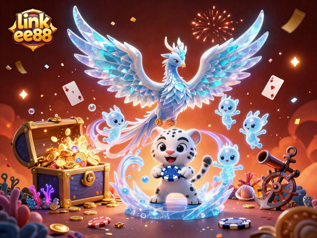 Spin and win big with link ee88 at this colorful online casino adventure illustration.