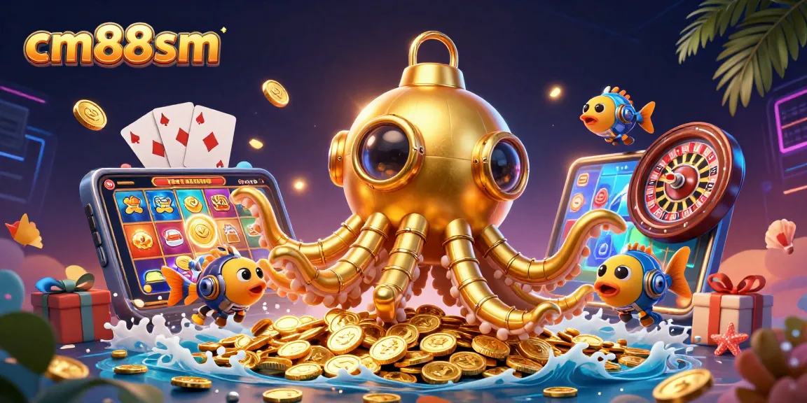 cm88sm showcases an exciting underwater adventure with a golden kraken, slot games, and vibrant casino elements.