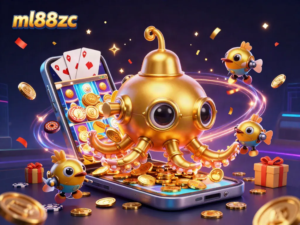 Experience thrilling gameplay at ml88zc with 3D cartoon kraken submarine amid action-packed casino elements.