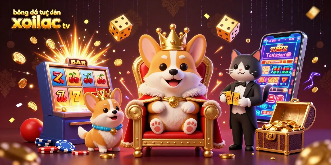 Bóng đá trực tuyến xoilac tv showcases a royal corgi on a throne surrounded by vibrant casino elements.
