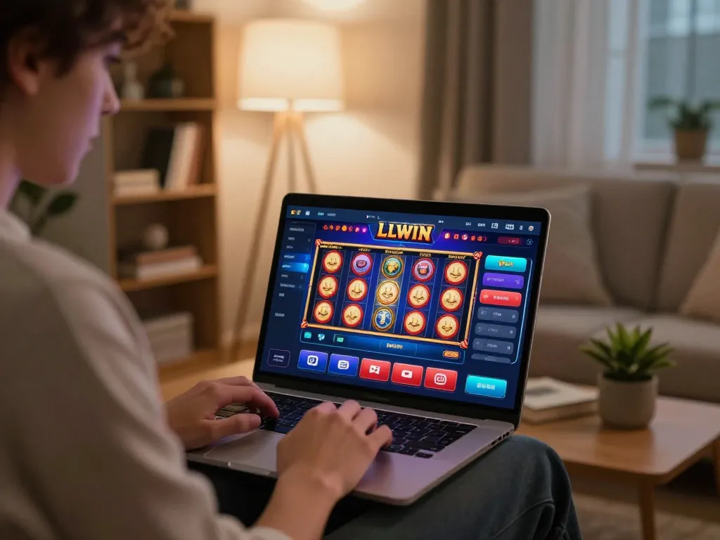 Playing LLWIN online slots on a laptop, showcasing vibrant game graphics in a cozy living room.