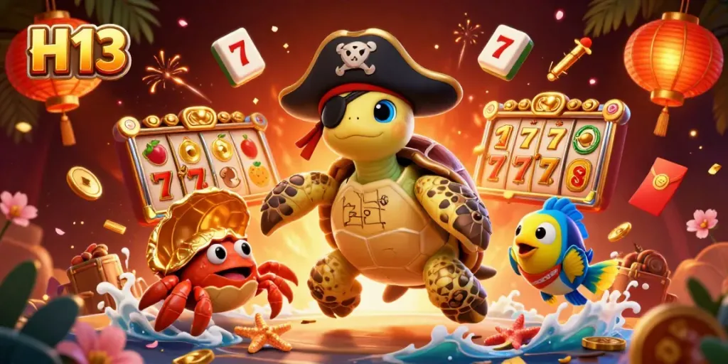 Engaging scene of H 13 with casino elements featuring pirate turtle, crab, and fish amidst vibrant treasures.